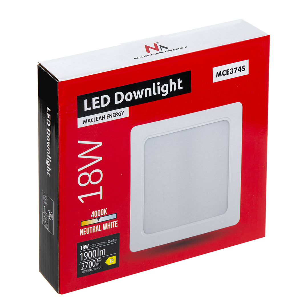 5 painéis de teto LED Maclean, montagem embutida SLIM, 18 W, branco neutro 4000 K, 170 x 170 x 26 mm, 1800 lm, MCE374 S + adaptador de superfície MCE379 S