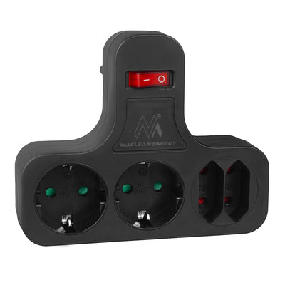 Tomada Maclean MCE224 G/B, quádrupla com interruptor on/off, pé estabilizador, tipo Schuko, 2x2,5A, 2x16A