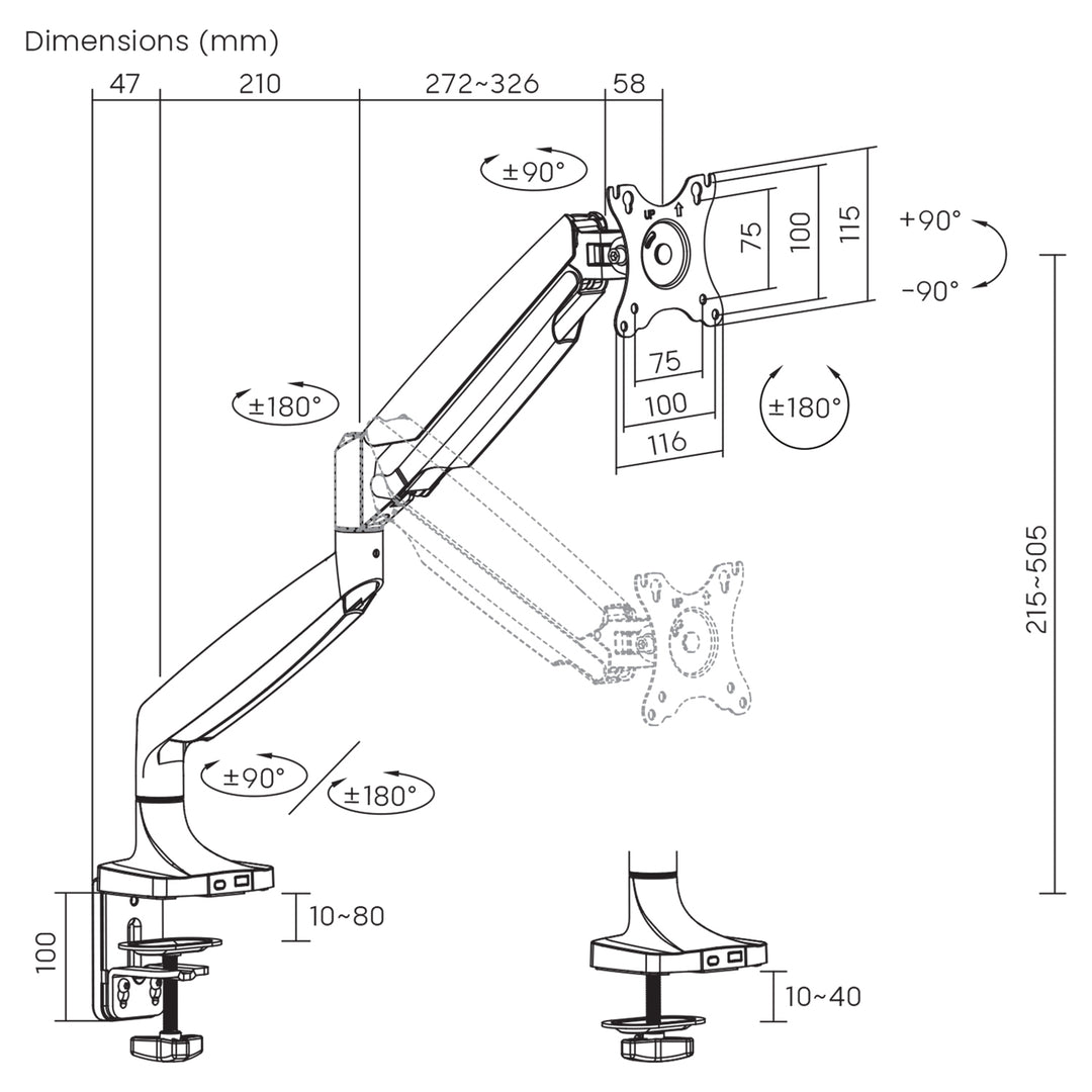 Suporte para monitor Maclean MC-969, braço duplo, suporte com mola a gás, 17"-45", carga máxima de 16 kg