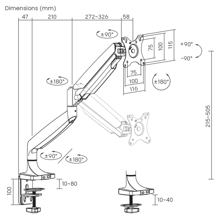 Suporte para monitor Maclean MC-969, braço duplo, suporte com mola a gás, 17"-45", carga máxima de 16 kg