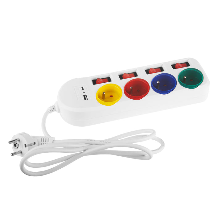 Maclean MCE508 W Regleta de 4 tomas + USB A/C, Cable alargador con interruptores, 250 V CA/10 A, 1,5 m, Color Negro