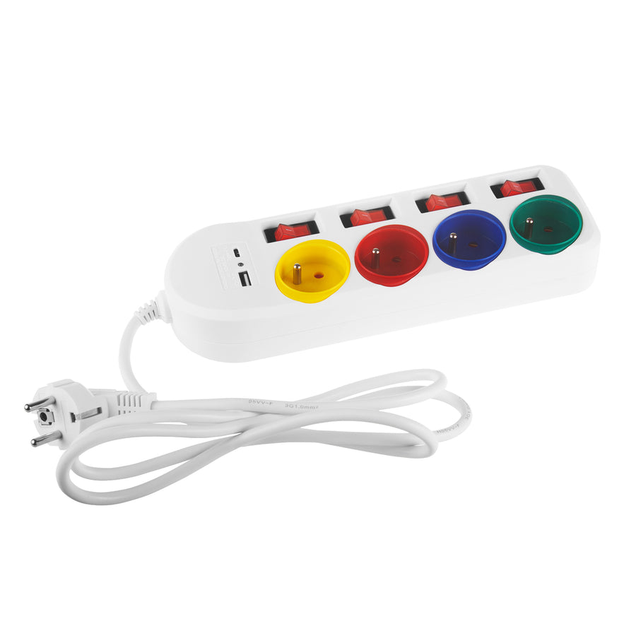 Maclean MCE508 W Regleta de 4 tomas + USB A/C, Cable alargador con interruptores, 250 V CA/10 A, 1,5 m, Color Negro