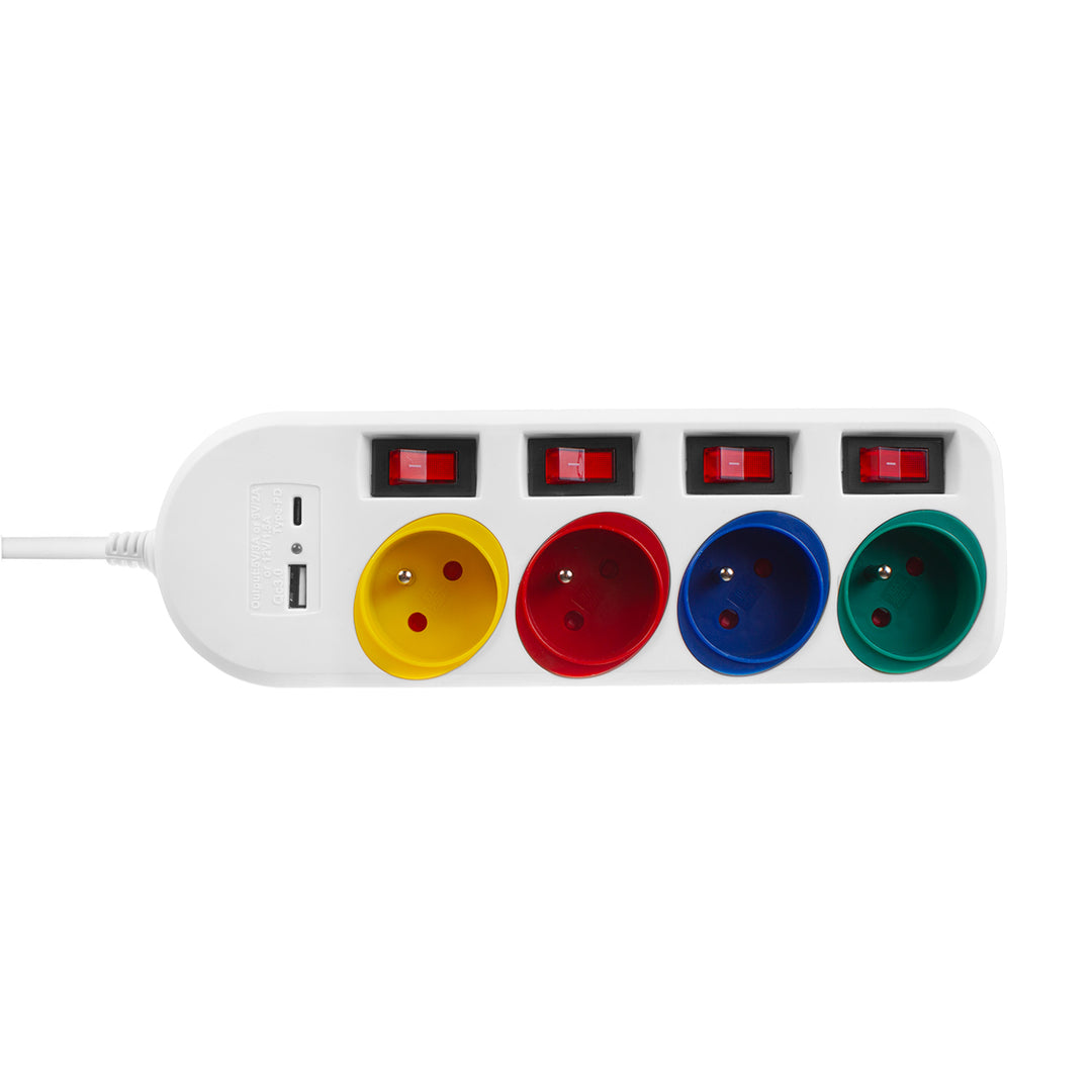 Maclean MCE508 W Regleta de 4 tomas + USB A/C, Cable alargador con interruptores, 250 V CA/10 A, 1,5 m, Color Negro