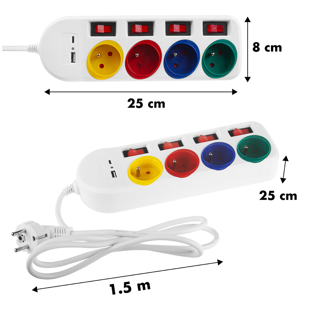 Maclean MCE508 W Regleta de 4 tomas + USB A/C, Cable alargador con interruptores, 250 V CA/10 A, 1,5 m, Color Negro