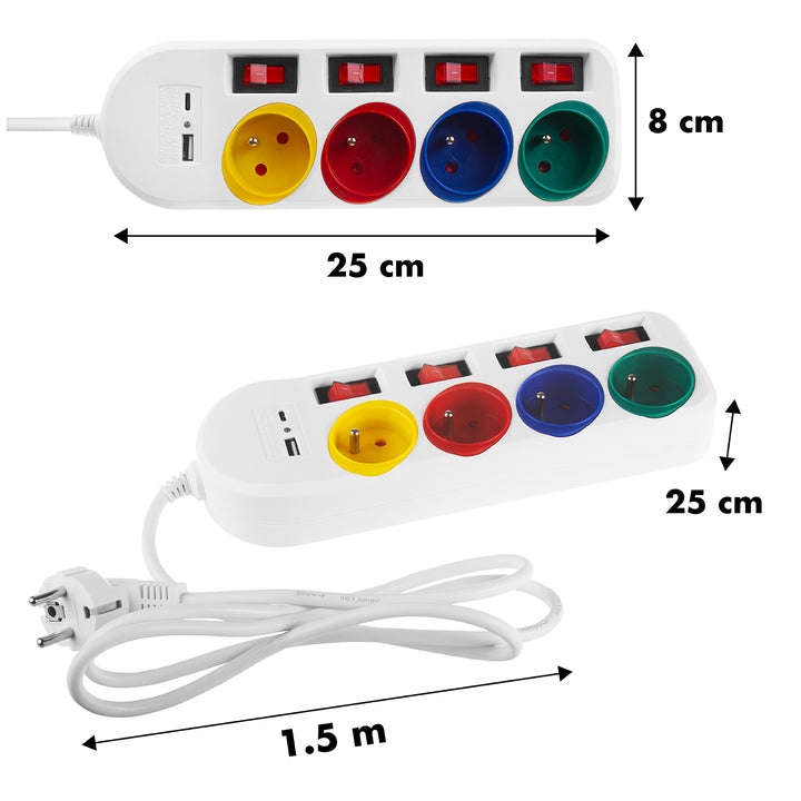 Maclean MCE508 W Regleta de 4 tomas + USB A/C, Cable alargador con interruptores, 250 V CA/10 A, 1,5 m, Color Negro