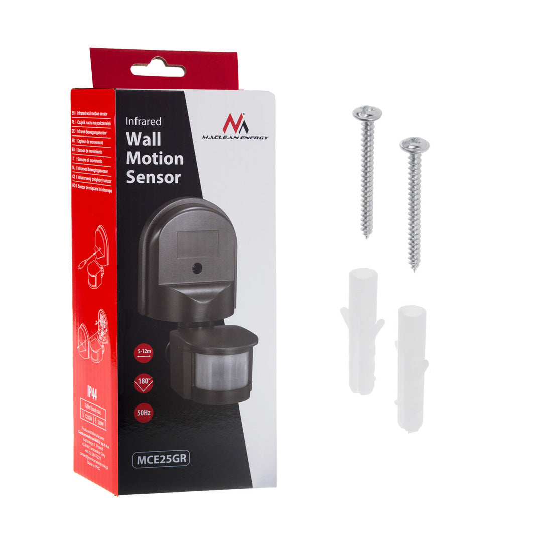 Maclean MCE25 GR Detetor de movimento infravermelho, sensor de movimento e crepúsculo, ângulo de deteção: 180°, alcance de deteção: 5-12 m, instalação do sensor no teto e parede exteriores