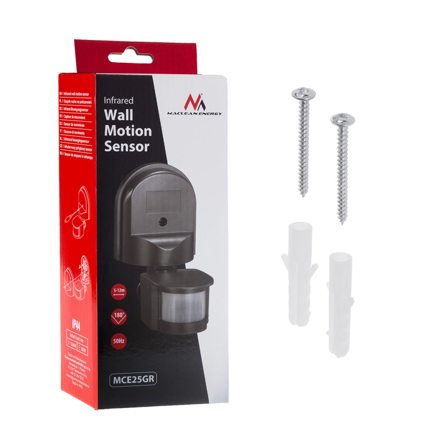 Maclean MCE25 GR Detetor de movimento infravermelho, sensor de movimento e crepúsculo, ângulo de deteção: 180°, alcance de deteção: 5-12 m, instalação do sensor no teto e parede exteriores