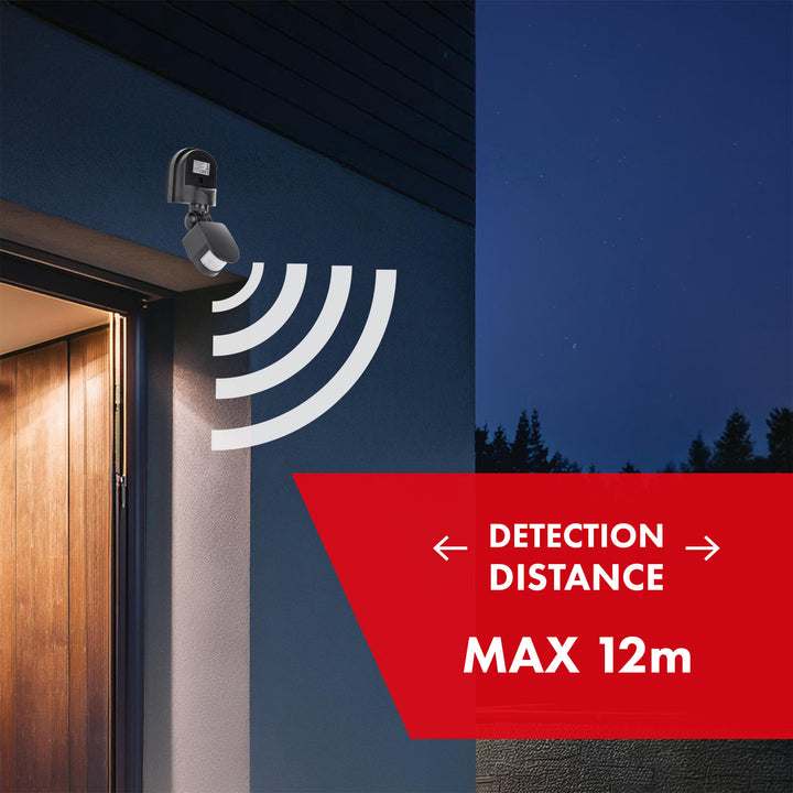 Maclean MCE25 GR Detetor de movimento infravermelho, sensor de movimento e crepúsculo, ângulo de deteção: 180°, alcance de deteção: 5-12 m, instalação do sensor no teto e parede exteriores