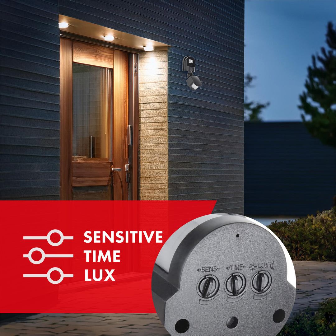 Maclean MCE25 GR Detetor de movimento infravermelho, sensor de movimento e crepúsculo, ângulo de deteção: 180°, alcance de deteção: 5-12 m, instalação do sensor no teto e parede exteriores