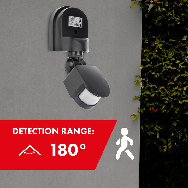 Maclean MCE25 GR Detetor de movimento infravermelho, sensor de movimento e crepúsculo, ângulo de deteção: 180°, alcance de deteção: 5-12 m, instalação do sensor no teto e parede exteriores