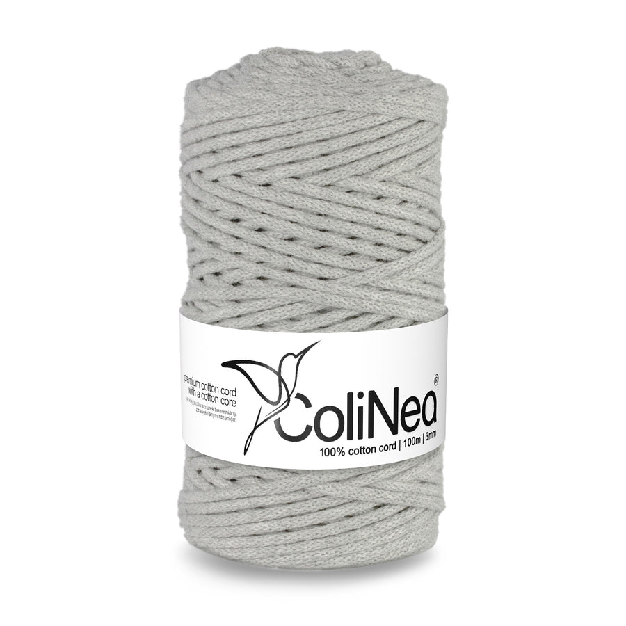 ColiNea Cordón de algodón con núcleo de algodón, Trenzado, 3 mm, 100 m, Color gris claro