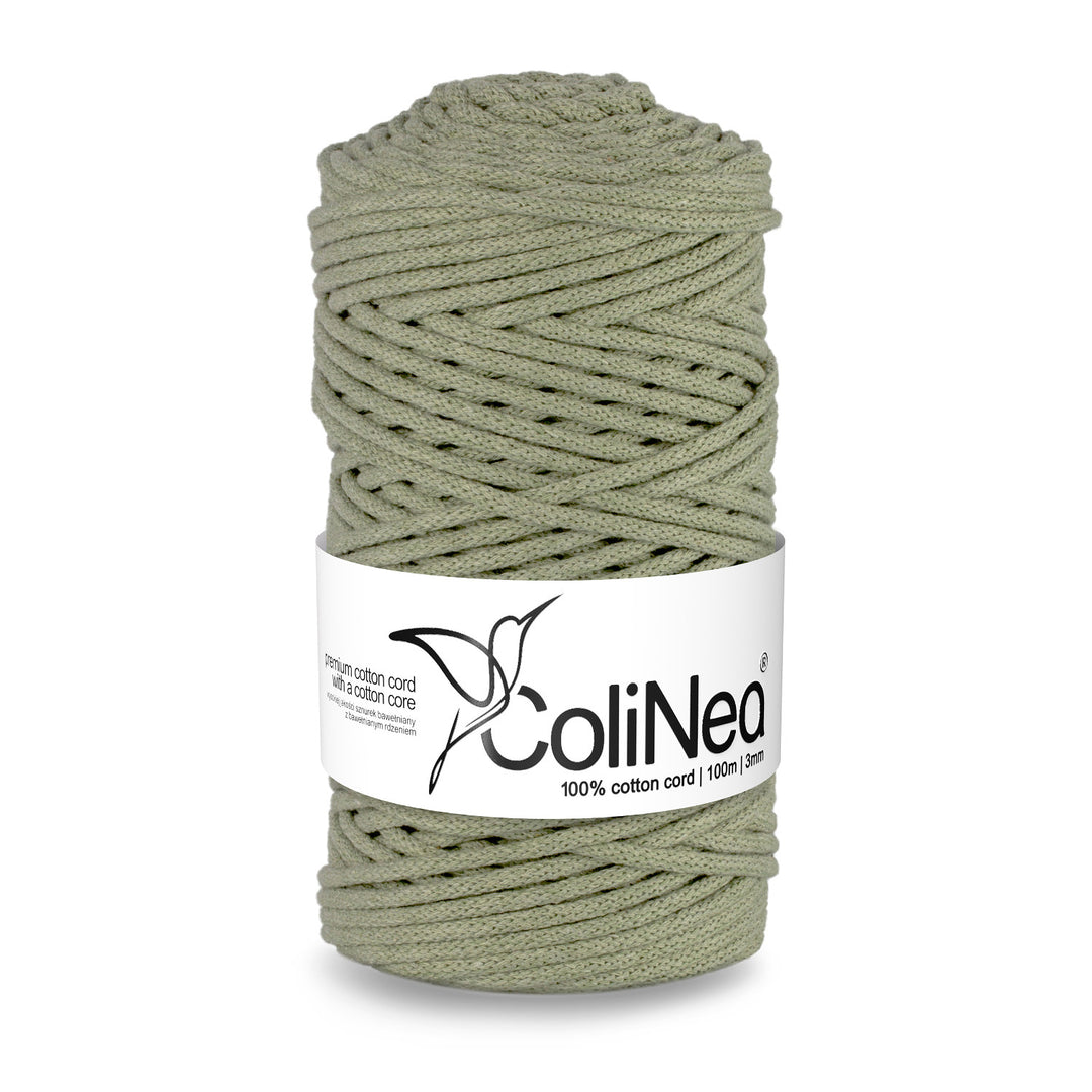 ColiNea Cordón de algodón con núcleo de algodón, Trenzado, 3 mm, 100 m, Color verde oliva