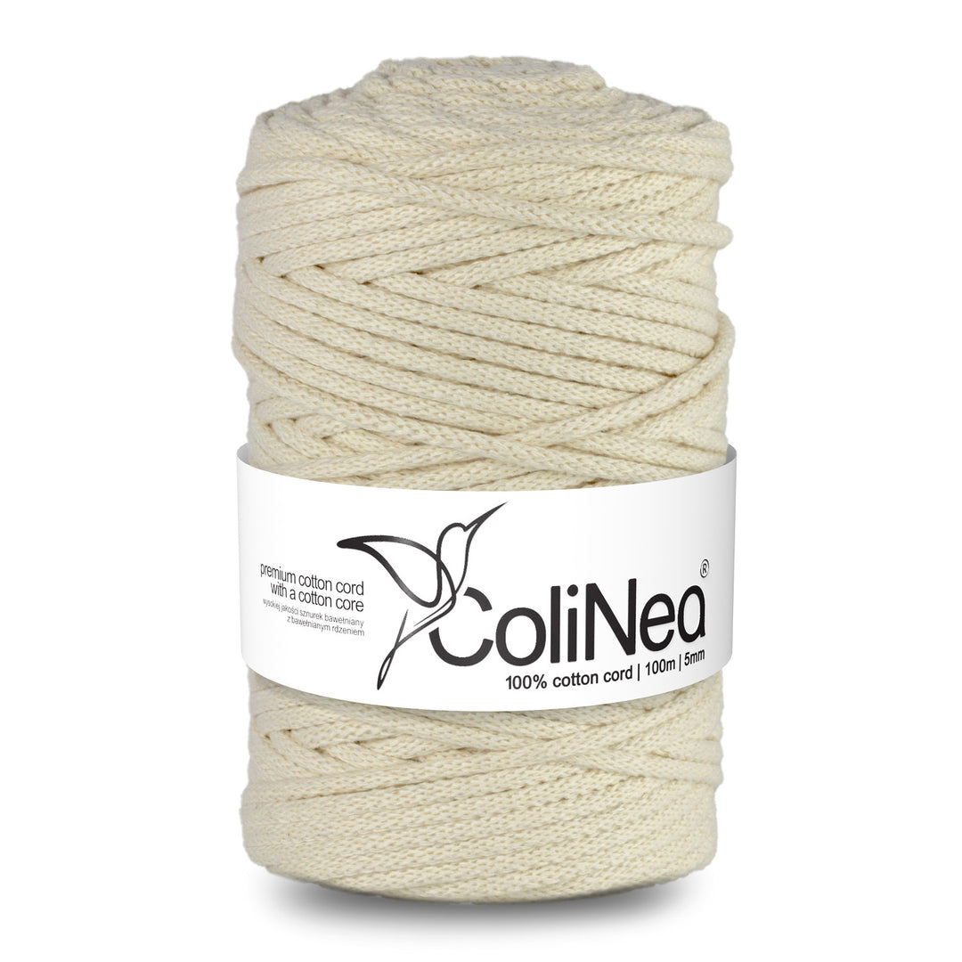 ColiNea Cordón de algodón con alma de algodón, Trenzado, 5 mm, 100 m, Color Marfil