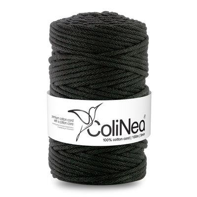 ColiNea Cordón de algodón con núcleo de algodón, Trenzado, 5 mm, 100 m, Color negro
