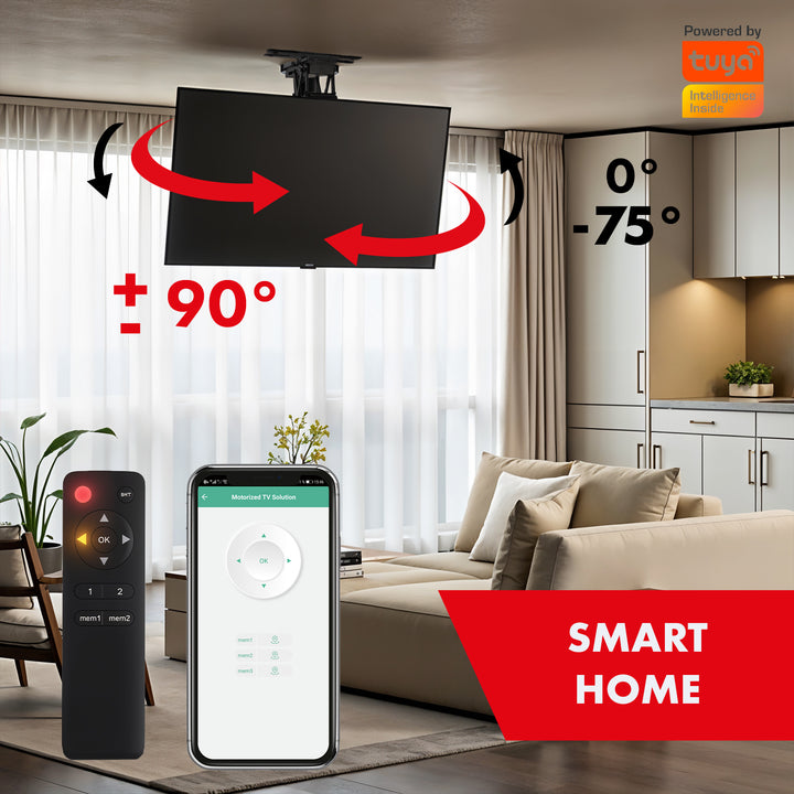 Suporte elétrico de teto para TV Maclean MC-491, suporte para TV TUYA, VESA máx. 600x400, rotação de 90°, 23"-65", carga máxima de 30 kg