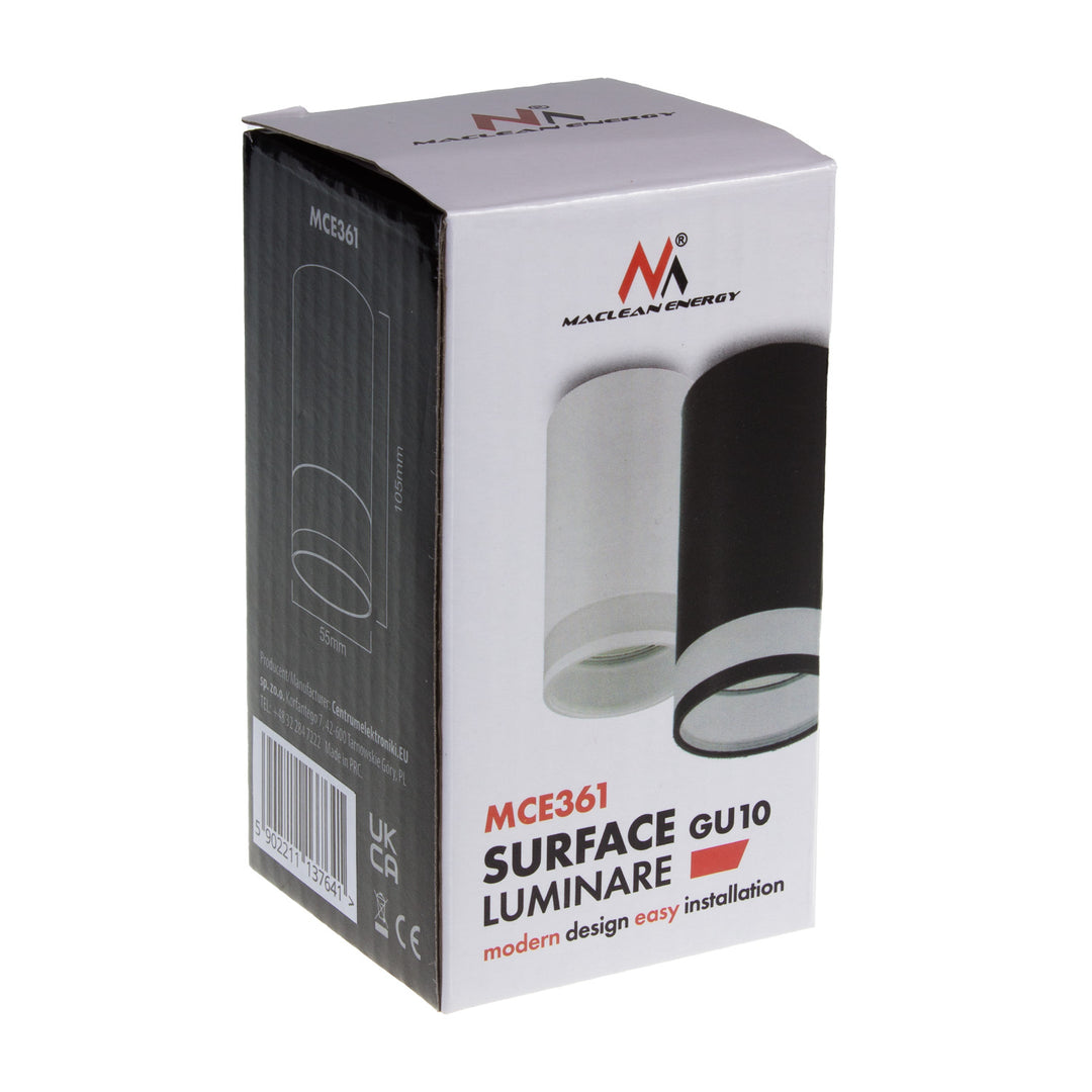 Maclean MCE361 W Candeeiro/tubo de montagem superficial, spot, redondo, alumínio, GU10, 55x105 mm, branco