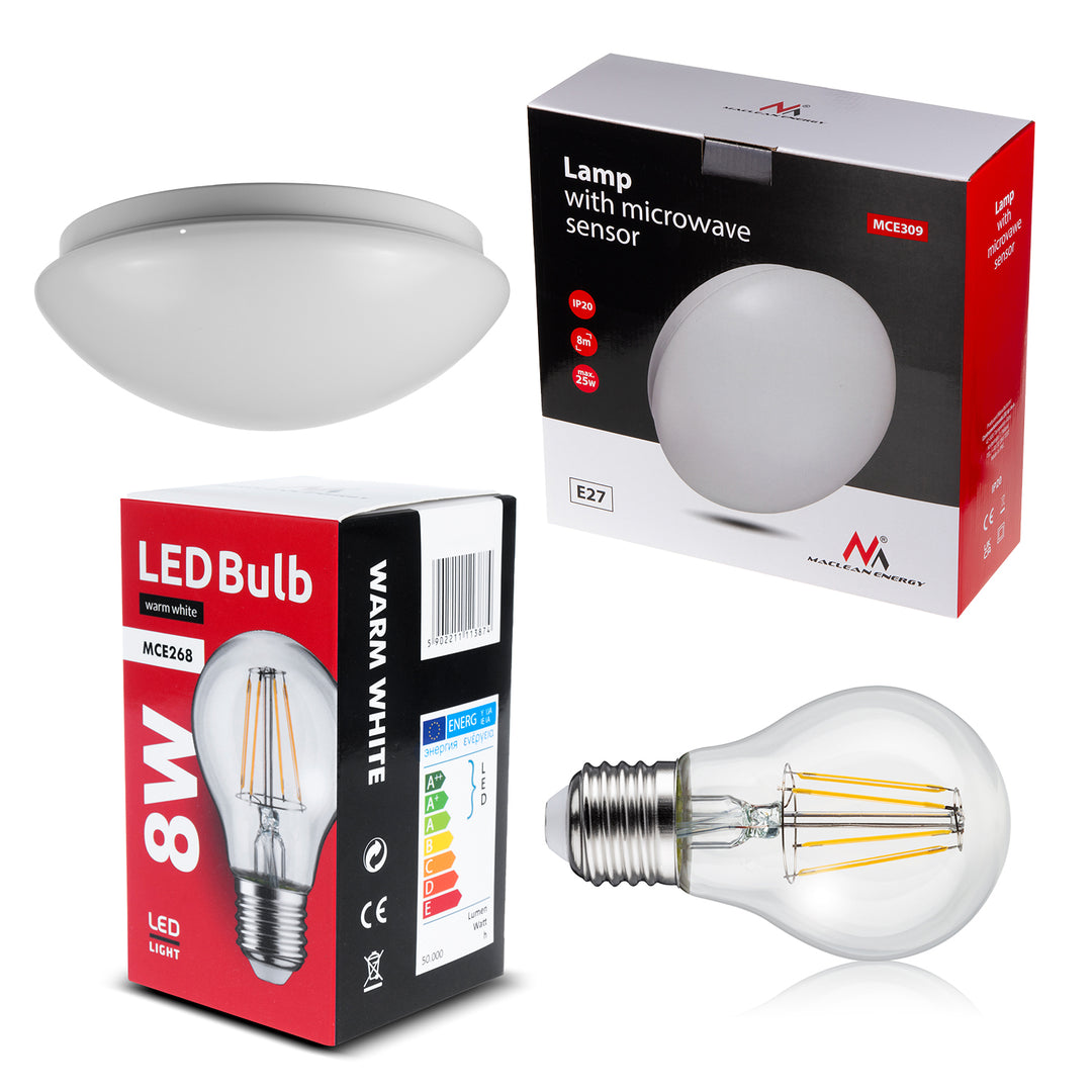 Maclean MCE309 1xE27 Luminária de teto com sensor, sensor de micro-ondas, difusor PMMA, carga máxima de 25 W, IP20 + lâmpada MCE268 WW