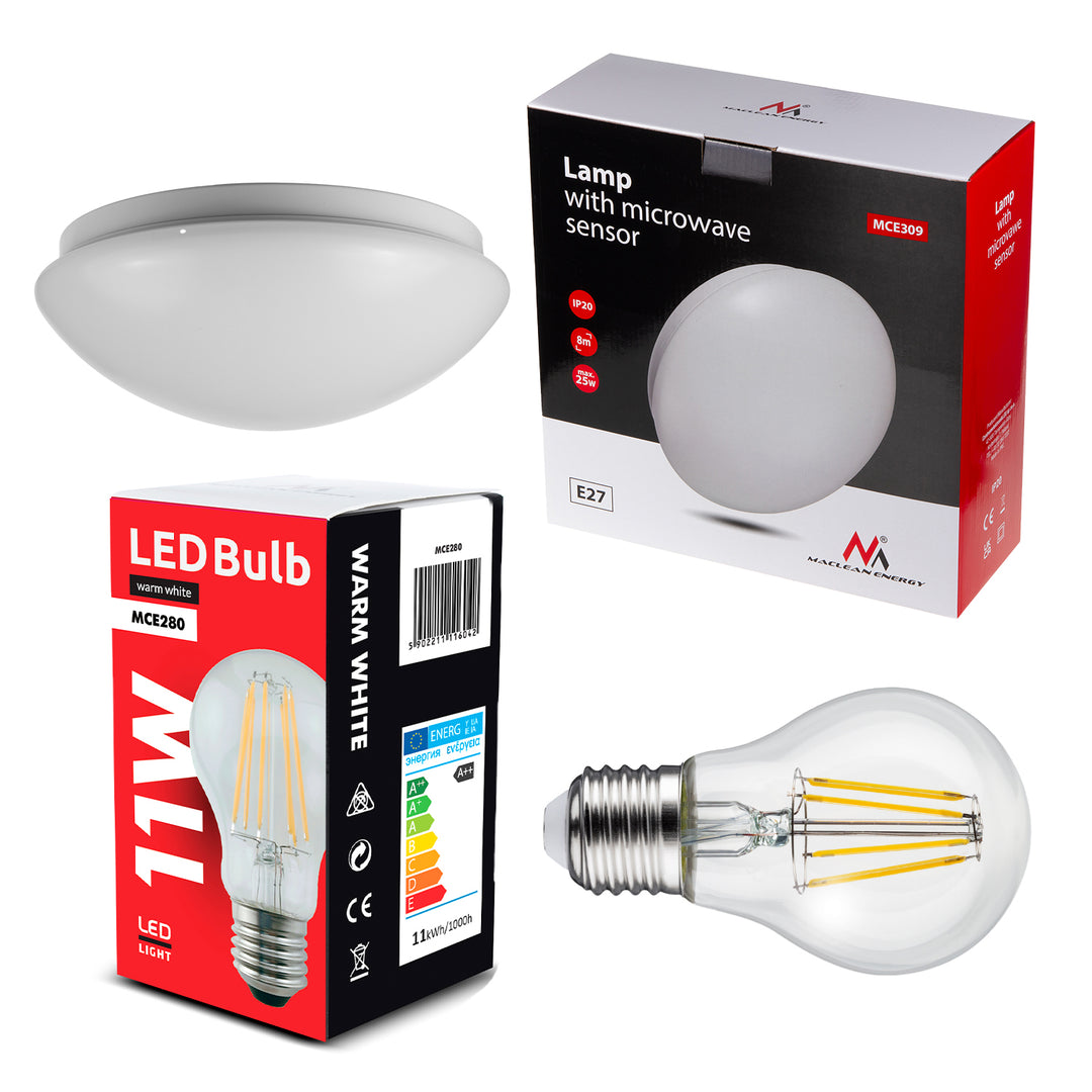 Maclean MCE309 1xE27 Luminária de teto com sensor, sensor micro-ondas, difusor PMMA, carga máxima 25W, IP20 + lâmpada MCE280 WW