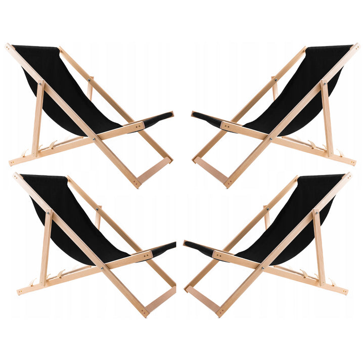 Conjunto de 4 espreguiçadeiras de madeira Woodok, pretas, redes confortáveis, ideais para praia, varanda, terraço