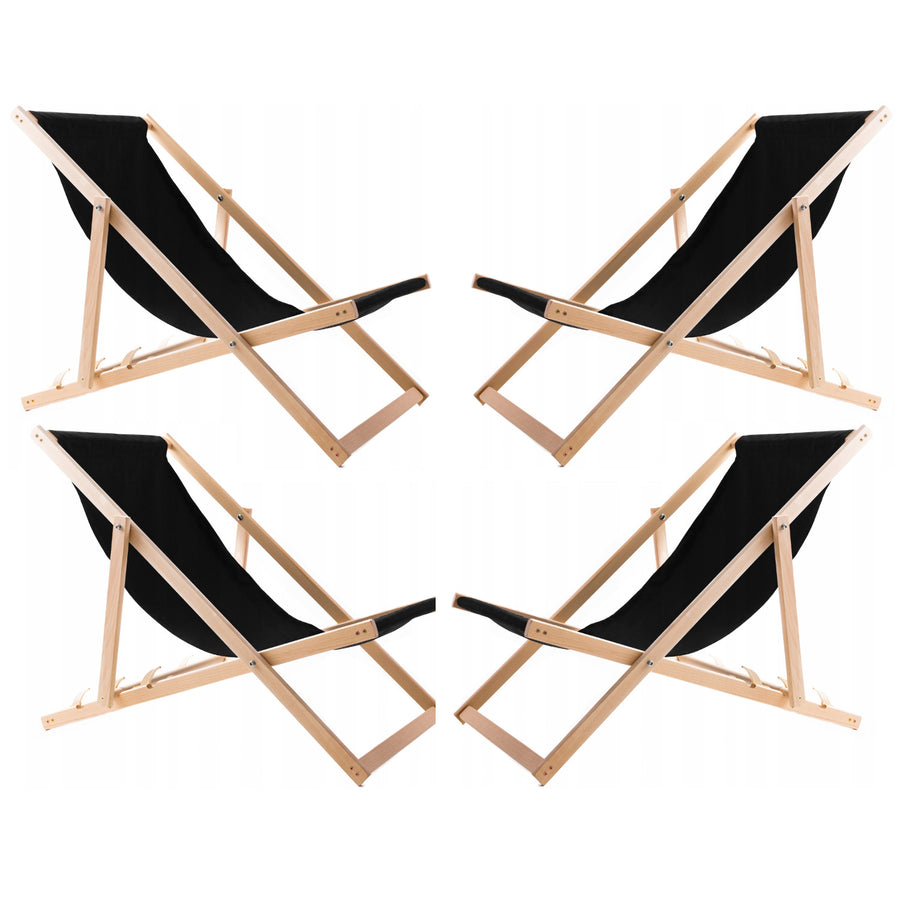 Conjunto de 4 espreguiçadeiras de madeira Woodok, pretas, redes confortáveis, ideais para praia, varanda, terraço