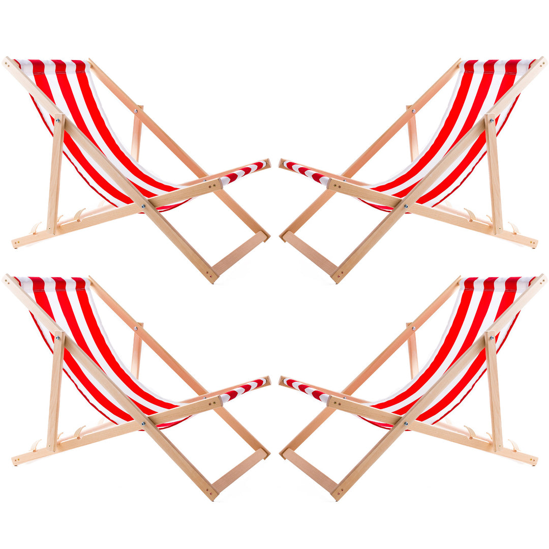 Woodok Juego de 4 Tumbonas de Madera de Haya para Playa, Jardín, Balcón y Terraza, Plegable, hasta 120 kg, Color Rayas Rojas