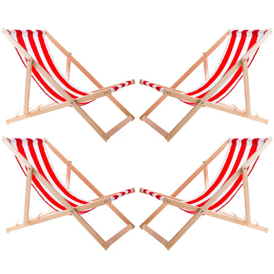 Woodok Juego de 4 Tumbonas de Madera de Haya para Playa, Jardín, Balcón y Terraza, Plegable, hasta 120 kg, Color Rayas Rojas