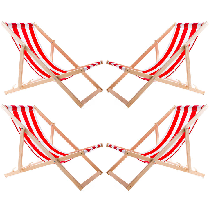 Woodok Juego de 4 Tumbonas de Madera de Haya para Playa, Jardín, Balcón y Terraza, Plegable, hasta 120 kg, Color Rayas Rojas