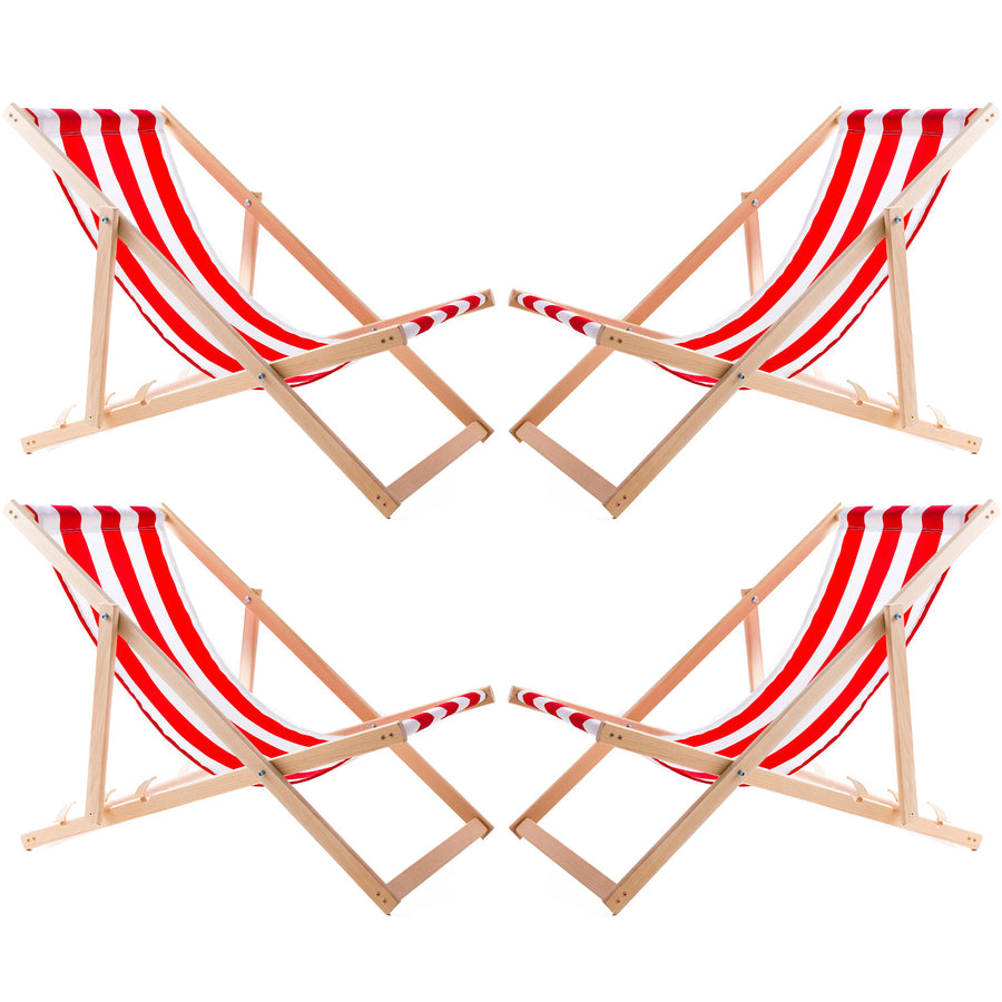 Woodok Juego de 4 Tumbonas de Madera de Haya para Playa, Jardín, Balcón y Terraza, Plegable, hasta 120 kg, Color Rayas Rojas
