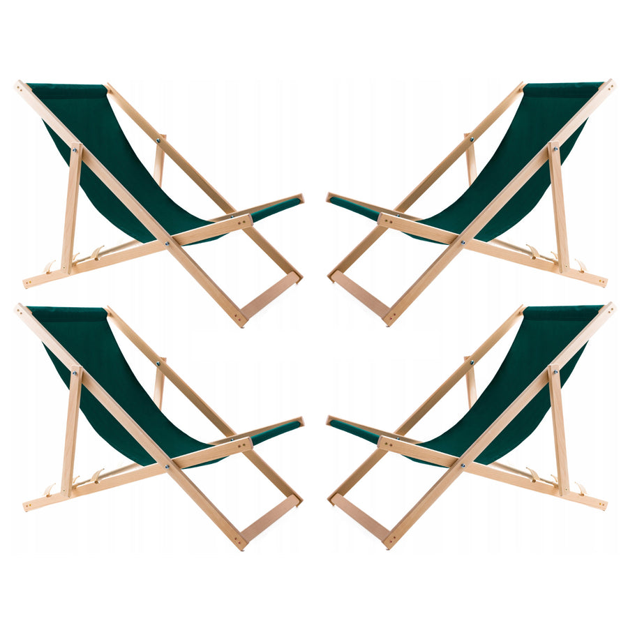 Conjunto de 4 espreguiçadeiras de madeira Woodok, cor verde, redes confortáveis, ideais para praia, varanda, terraço