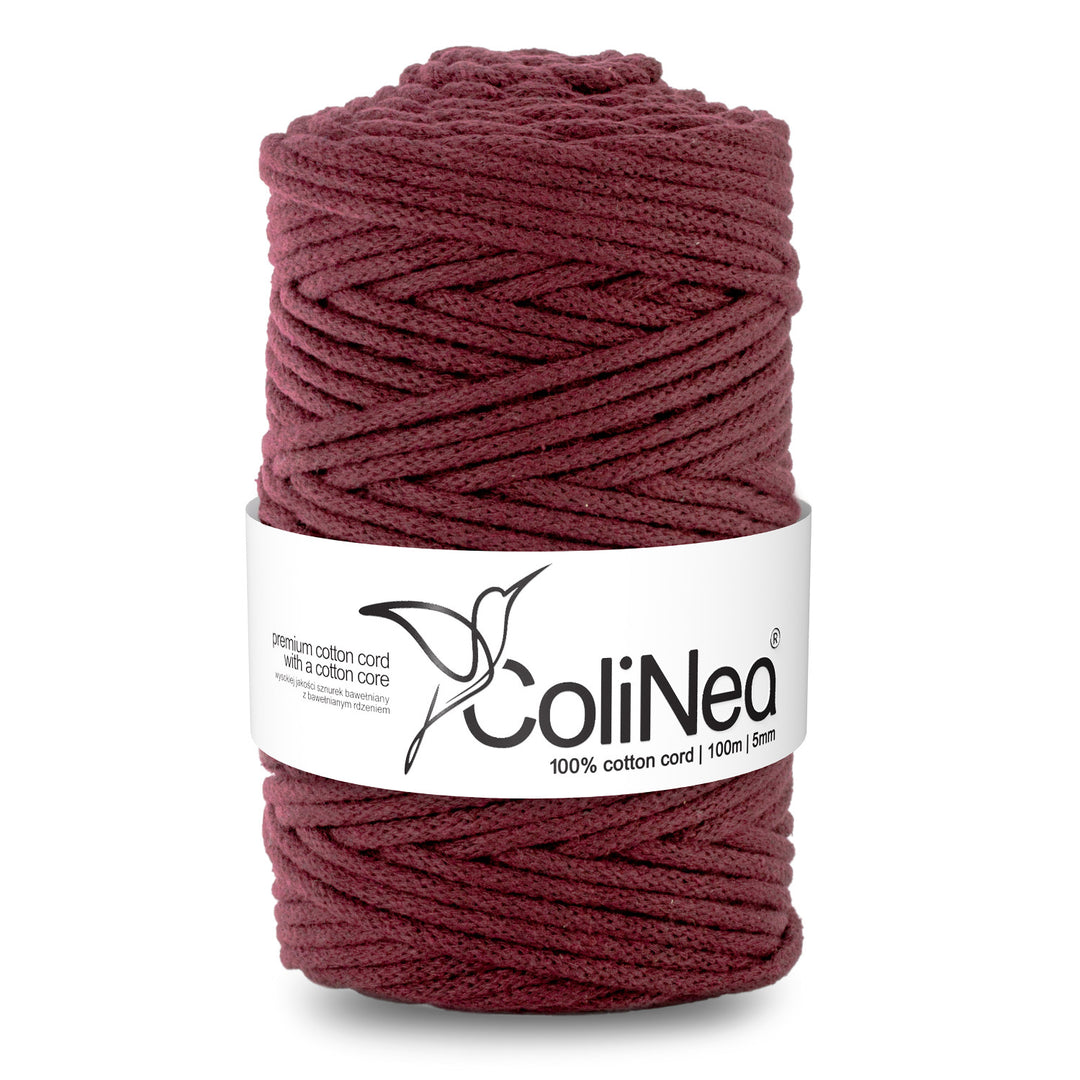 Cordão de algodão ColiNea com núcleo de algodão, entrançado, 5 mm, 100 m, cor de vinho