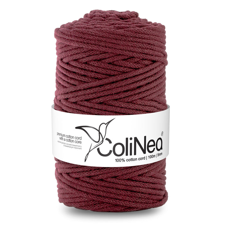 Cordão de algodão ColiNea com núcleo de algodão, entrançado, 5 mm, 100 m, cor de vinho