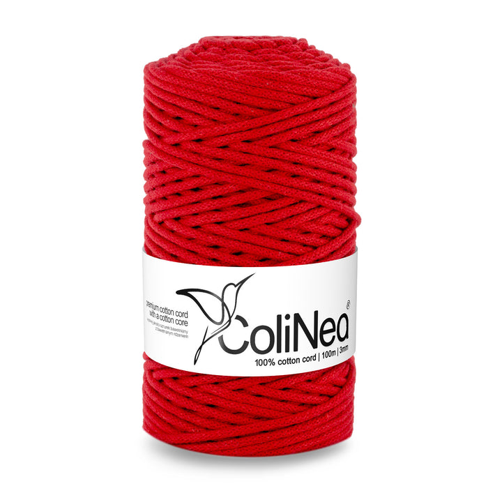 Cordão de algodão ColiNea com núcleo de algodão, entrançado, 3 mm, 100 m, vermelho