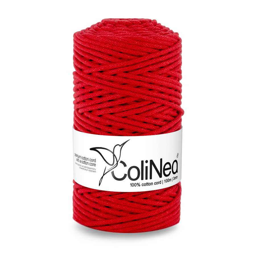 Cordão de algodão ColiNea com núcleo de algodão, entrançado, 3 mm, 100 m, vermelho