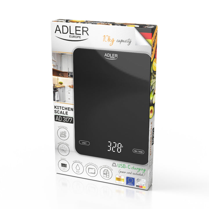 Báscula de cocina, Adler, negra, 10 kg, recargable por USB, AD 3177