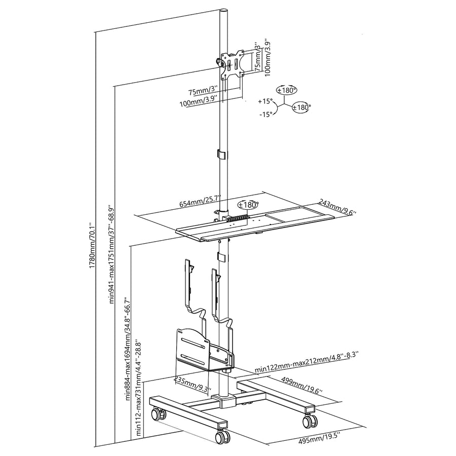 Maclean MC-793 Carro de Soporte Profesional, Estación de Trabajo Informática Móvil sobre Ruedas, máx. 17"-32", máx. 20kg