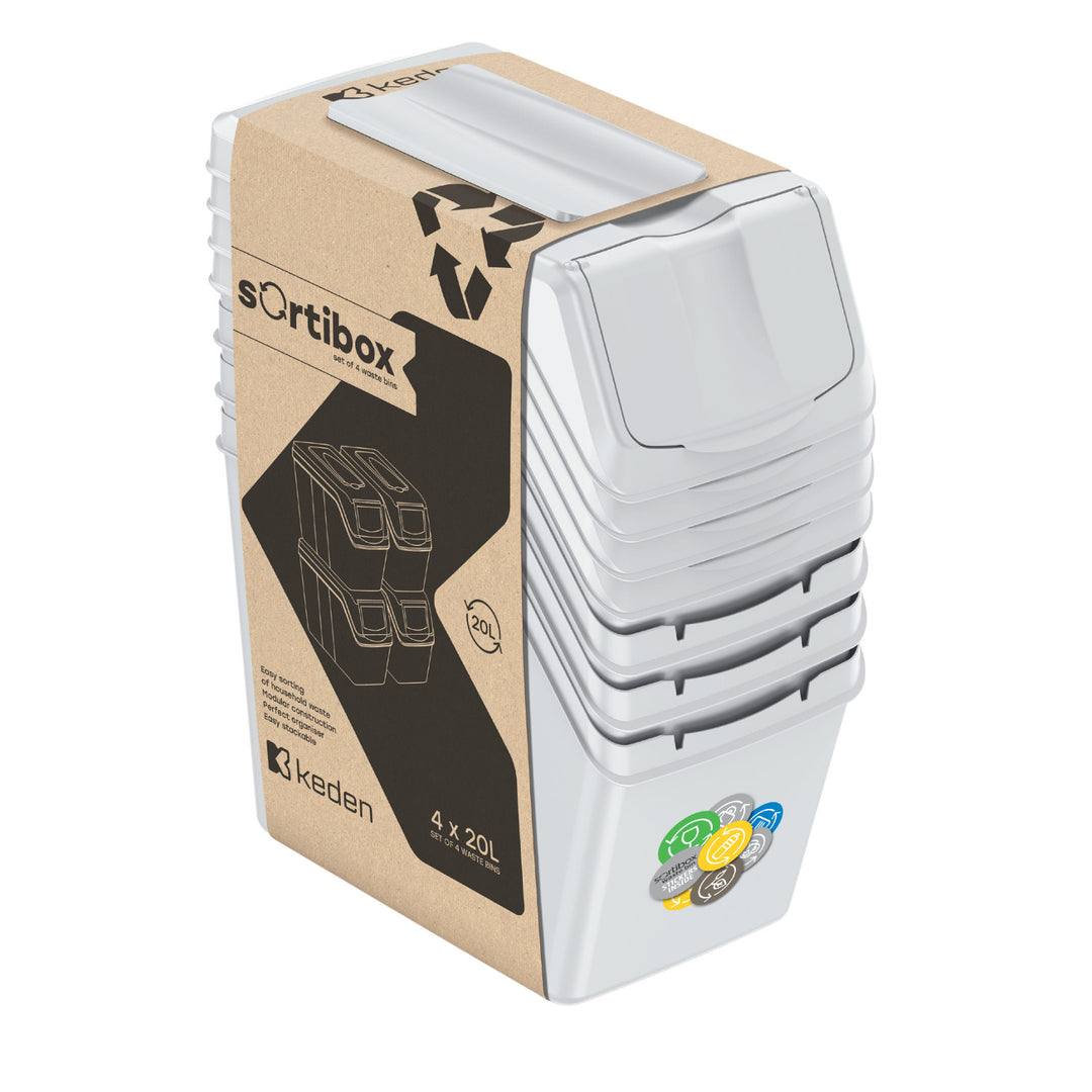 Conjunto de Papeleiras Keden Sortibox, Sistema de Reciclagem, 4x20L, Cor Cinza, ISWB20S4