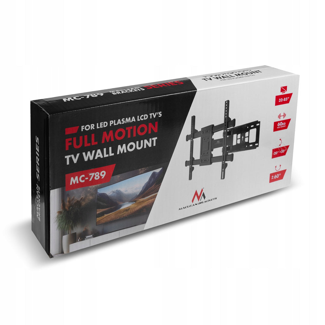 Soporte de TV Maclean, VESA máx. 600x400, 32-85", 60kg, ajuste de ángulo horizontal y vertical, perfil 65-390mm, negro, MC-789