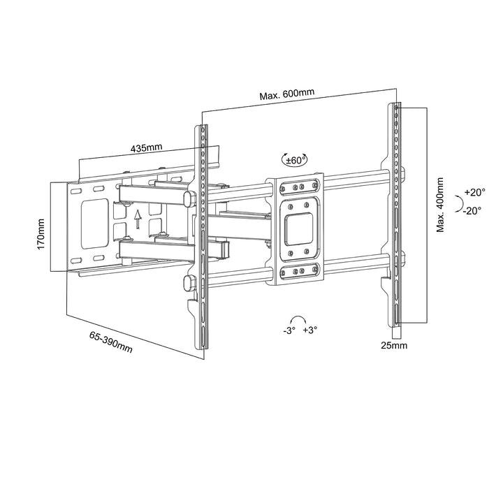 Soporte de TV Maclean, VESA máx. 600x400, 32-85", 60kg, ajuste de ángulo horizontal y vertical, perfil 65-390mm, negro, MC-789