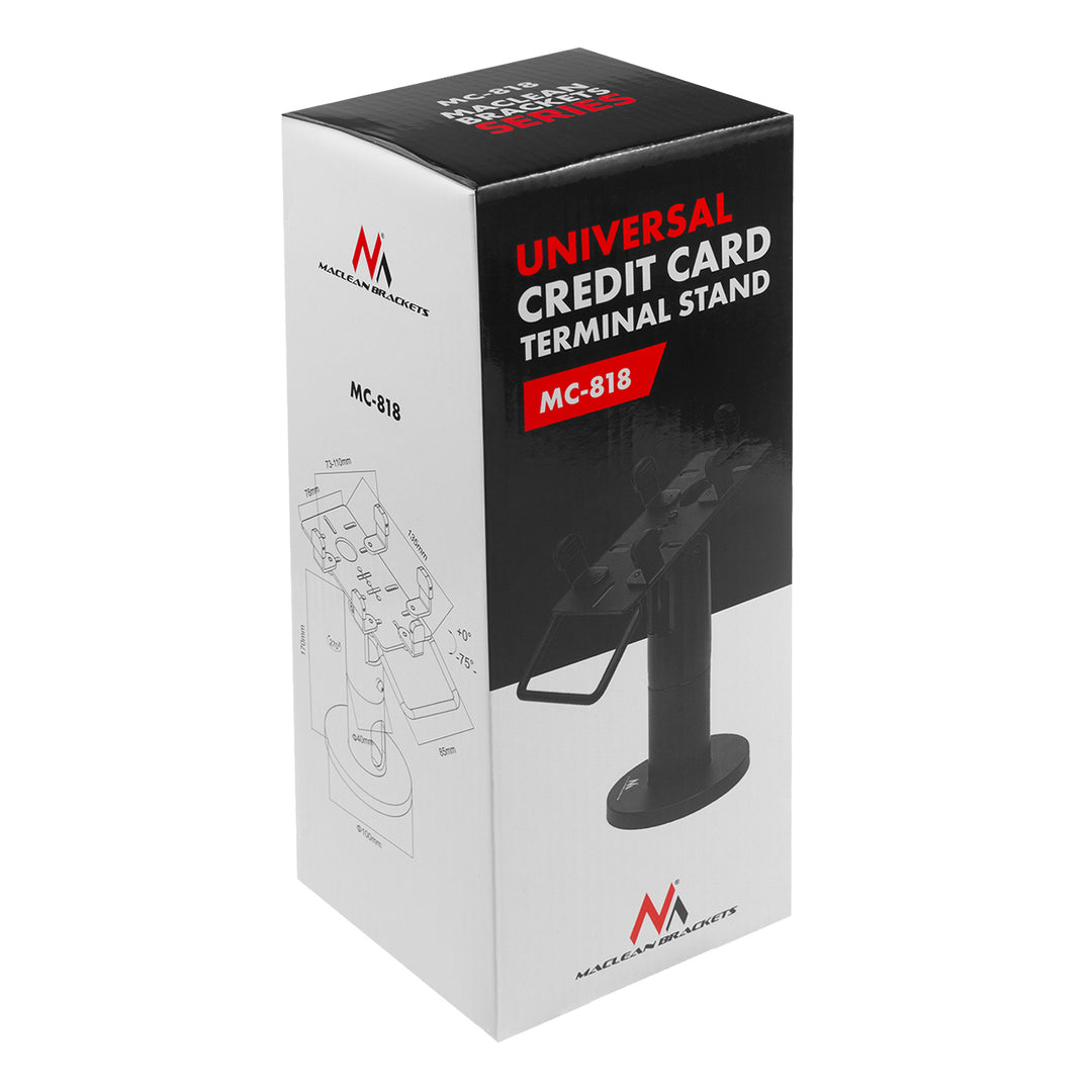 Maclean MC-818 Soporte de Terminal de Tarjeta para Dispositivos POS, Universal | Giratorio 270°, Ajuste de Inclinación +0° a -75°, Ancho Ajustable, Gestión de Cables | Montaje en Mesa para Terminales EC