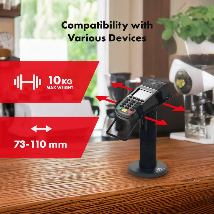 Maclean MC-818 Soporte de Terminal de Tarjeta para Dispositivos POS, Universal | Giratorio 270°, Ajuste de Inclinación +0° a -75°, Ancho Ajustable, Gestión de Cables | Montaje en Mesa para Terminales EC