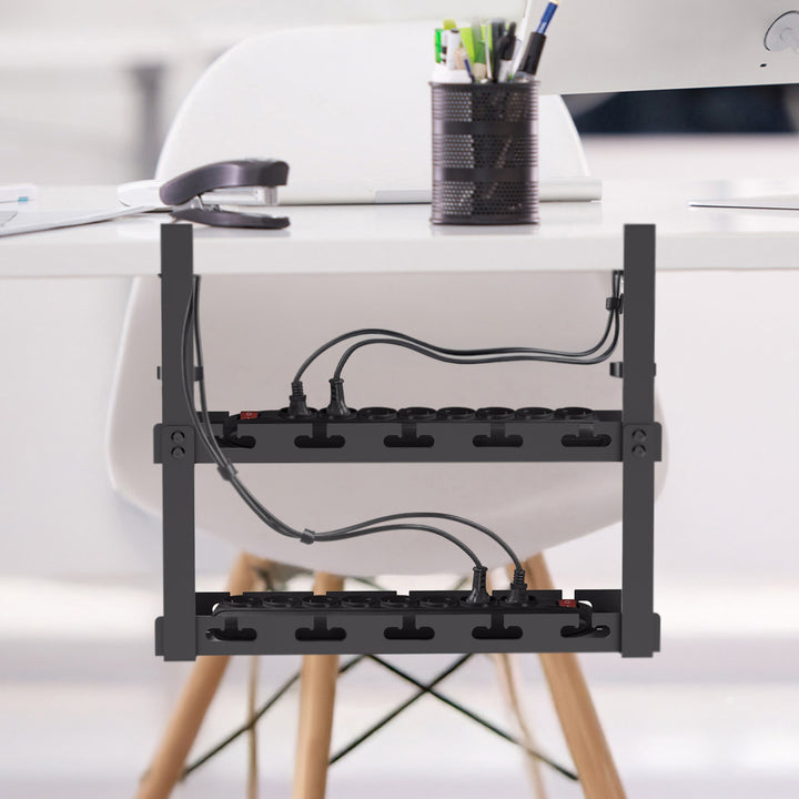 Maclean MC-104 B Organizador de cables bajo escritorio, carga máx. 5 kg, 2 niveles, negro