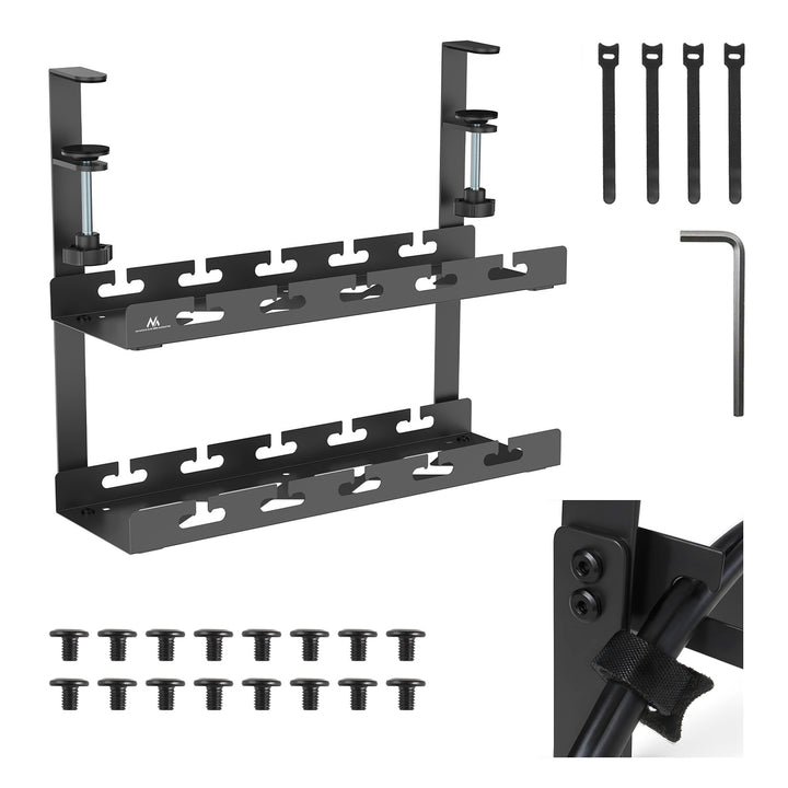 Maclean MC-104 B Organizador de cables bajo escritorio, carga máx. 5 kg, 2 niveles, negro