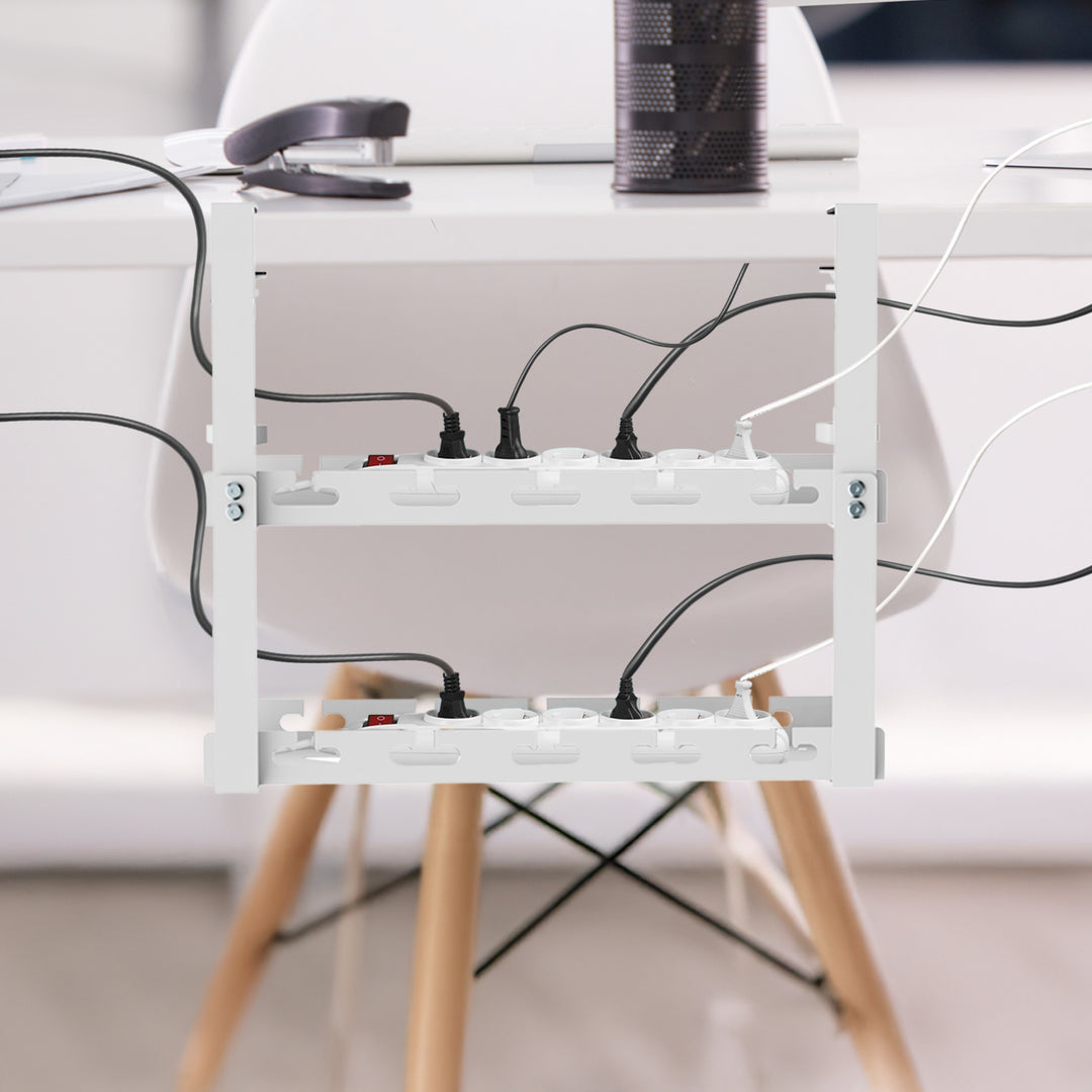Maclean MC-104 W Organizador de cables bajo escritorio, carga máx. 5 kg, 2 niveles, blanco