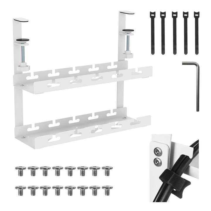 Maclean MC-104 W Organizador de cables bajo escritorio, carga máx. 5 kg, 2 niveles, blanco