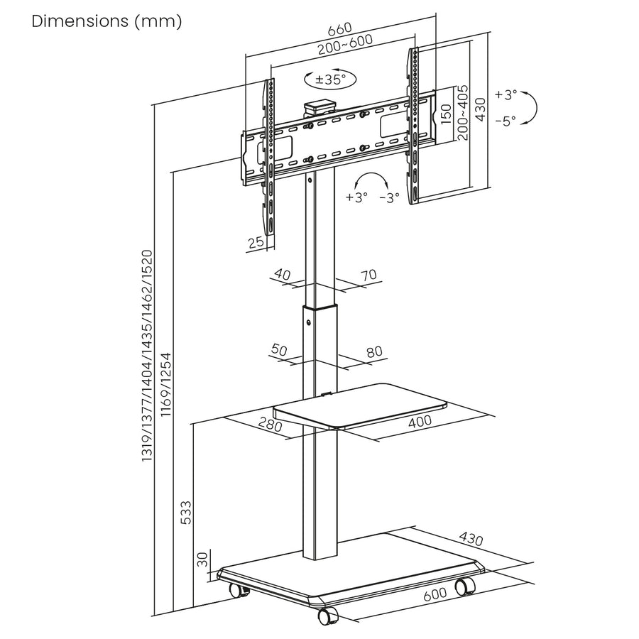 Ergo-Office ER-304 B Soporte de TV / carro, carga máx. 50 kg / estante de 5 kg, máx. VESA 600x400, regleta de enchufes integrada, negro, ER-304 B VESA 600x400, regleta de enchufes integrada, negro