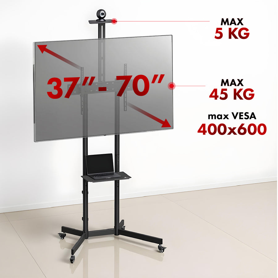 Suporte/carrinho TV Maclean, prateleira para câmara, sobre rodas, 37-70", carga máxima de 45 kg/prateleira de 5 kg, VESA máx. 600x400, MC-113 B
