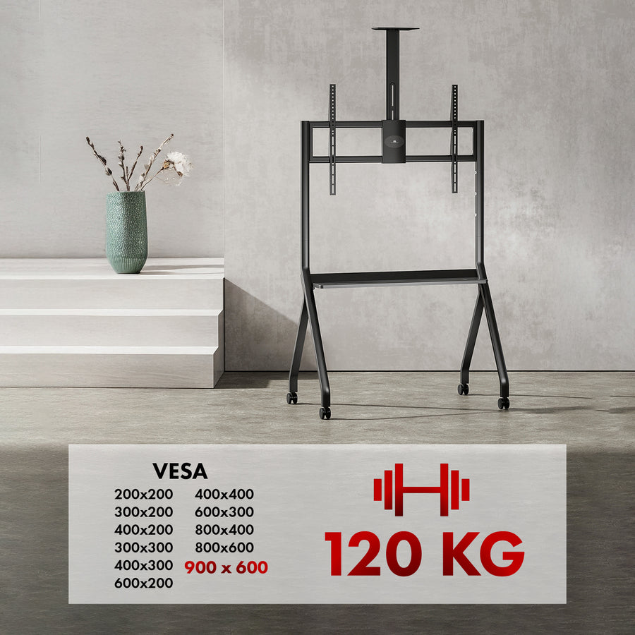 Maclean MC-114 B Soporte de TV / carro, estante de cámara, sobre ruedas, 55-100", carga máx. 120kg/10kg estante, máx. VESA 900x600, negro