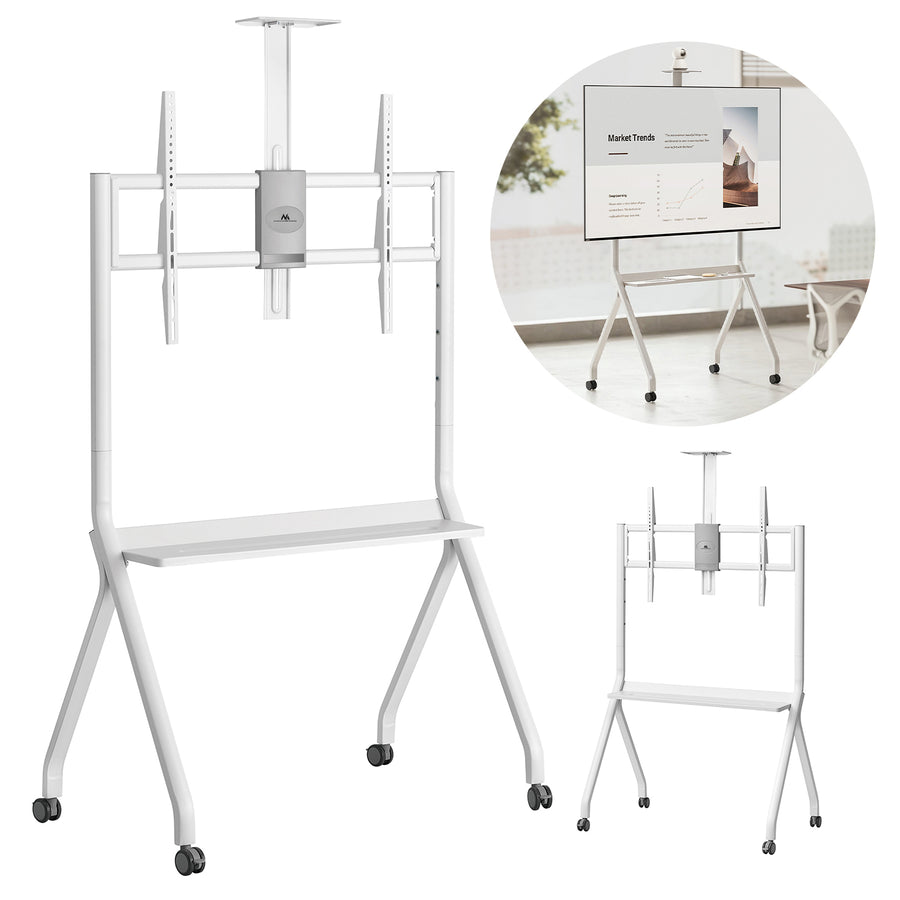 Suporte/carrinho TV Maclean, prateleira para câmara, sobre rodas, 55-100", carga máxima 120 kg/prateleira de 10 kg, VESA máx. 900x600, branco, MC-114 W
