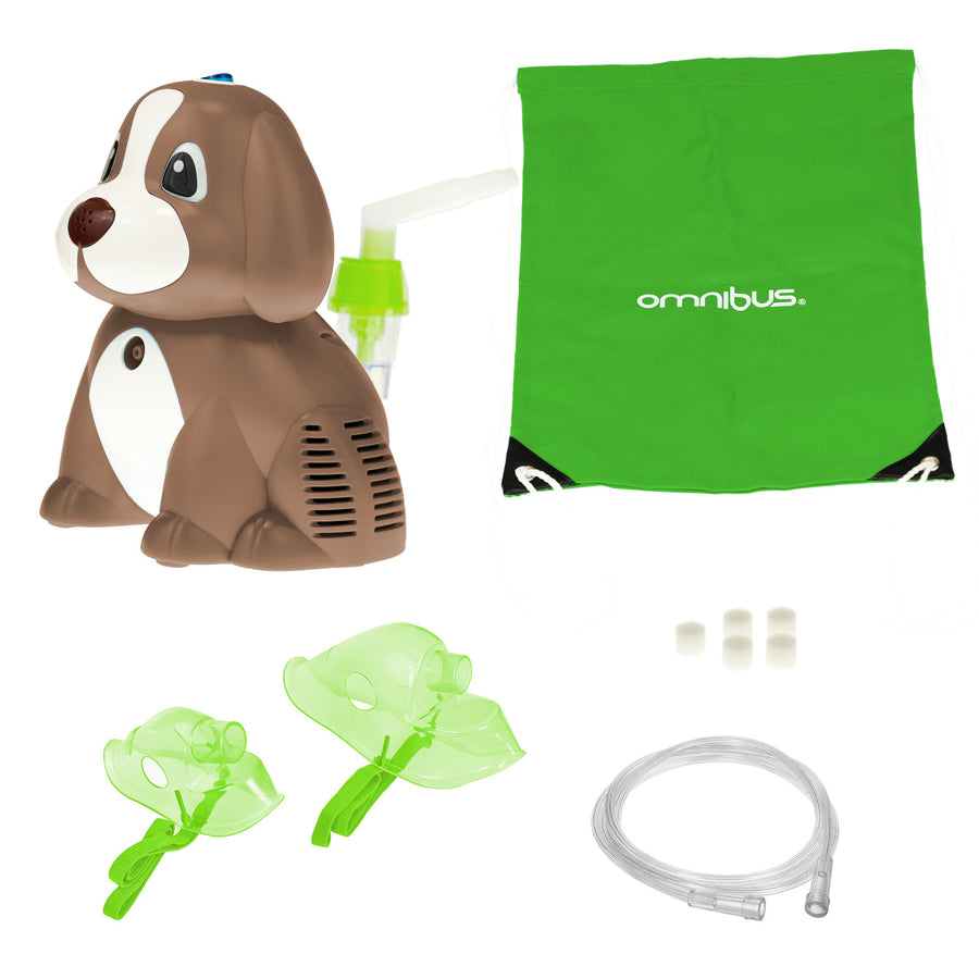 Omnibus BR-CN171 Inhalador de pistón, Nebulizador para niños, 2 mascarillas, Perrito marrón