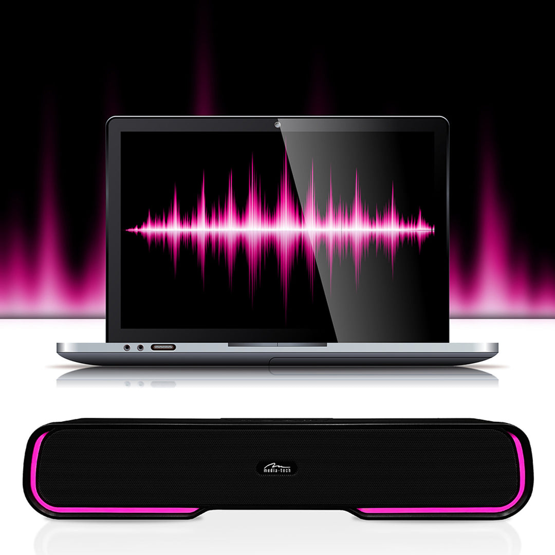 Coluna de som portátil Bluetooth Media-Tech com barra de som, retroiluminação RGB multicolorida, 10 W RMS, 450 W PMPO, rádio FM, leitor de MP3, AUX, bateria recarregável integrada, PHANTOM BT